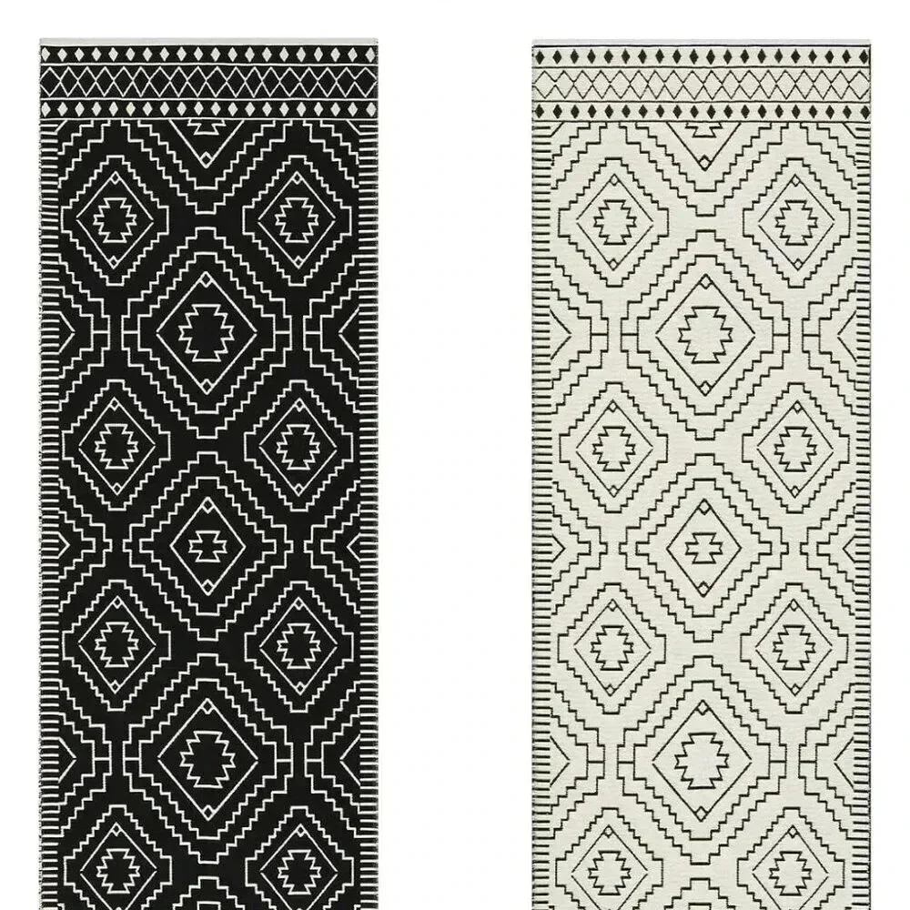 Black and White 2x6 Outdoor Runner Rug, WashablReversible Cotton